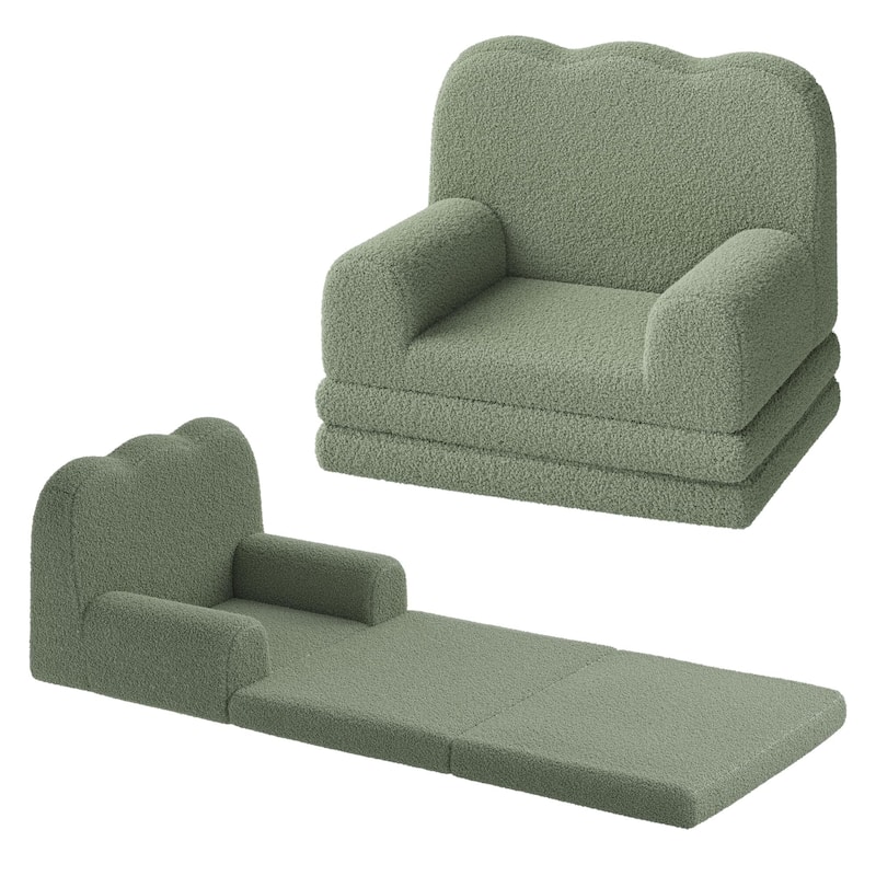 Kids Couch, 2-in-1 Convertible Teddy Fleece Fabric Toddler Sofa Chair - Green