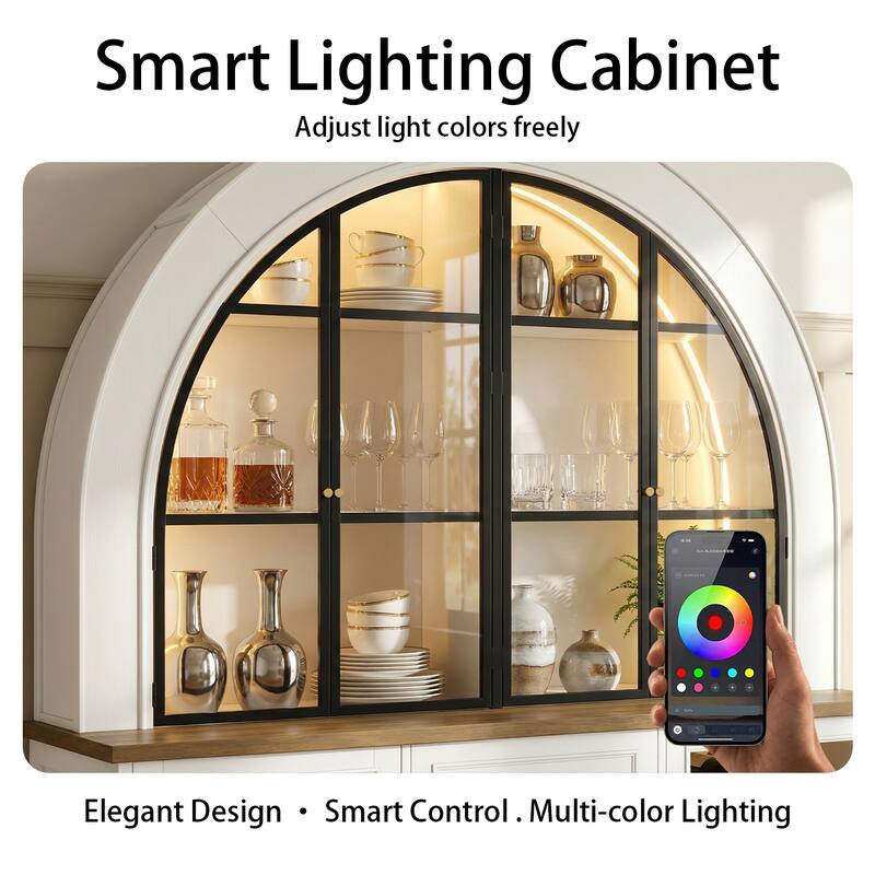 63" Arched Bar Cabinet with LED Lights Wine Bar Cabinet with Glass Doors, Liquor Storage Cabinet with Wine Rack