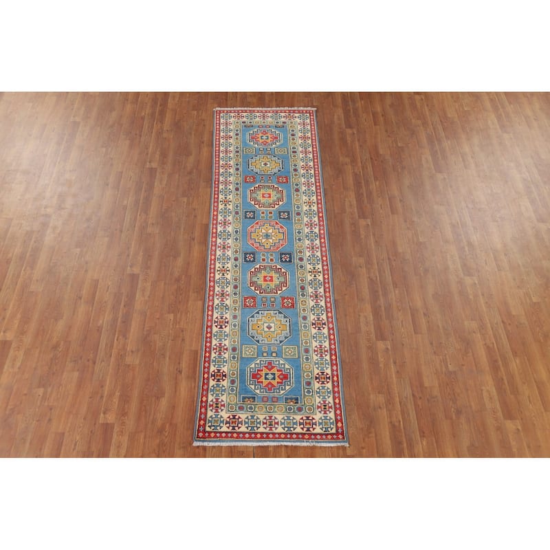 Blue Kazak Runner Rug Hand-Knotted Wool Carpet - 2'9" x 9'3"