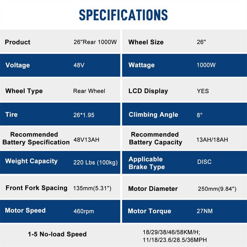 26in 1500W Rear Drive With Tires Bicycle Modification Parts Black