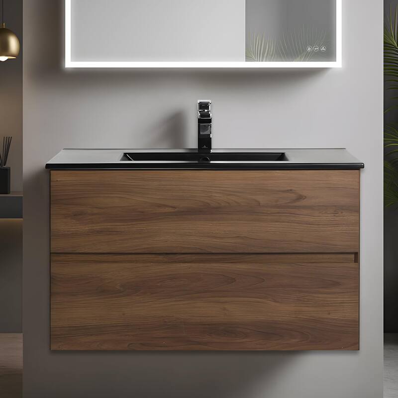 Blossom Wall Mounted Floating Bathroom Vanity with Double Acrylic Sink - Brown Walnut - 36" MB Ceramic Sink