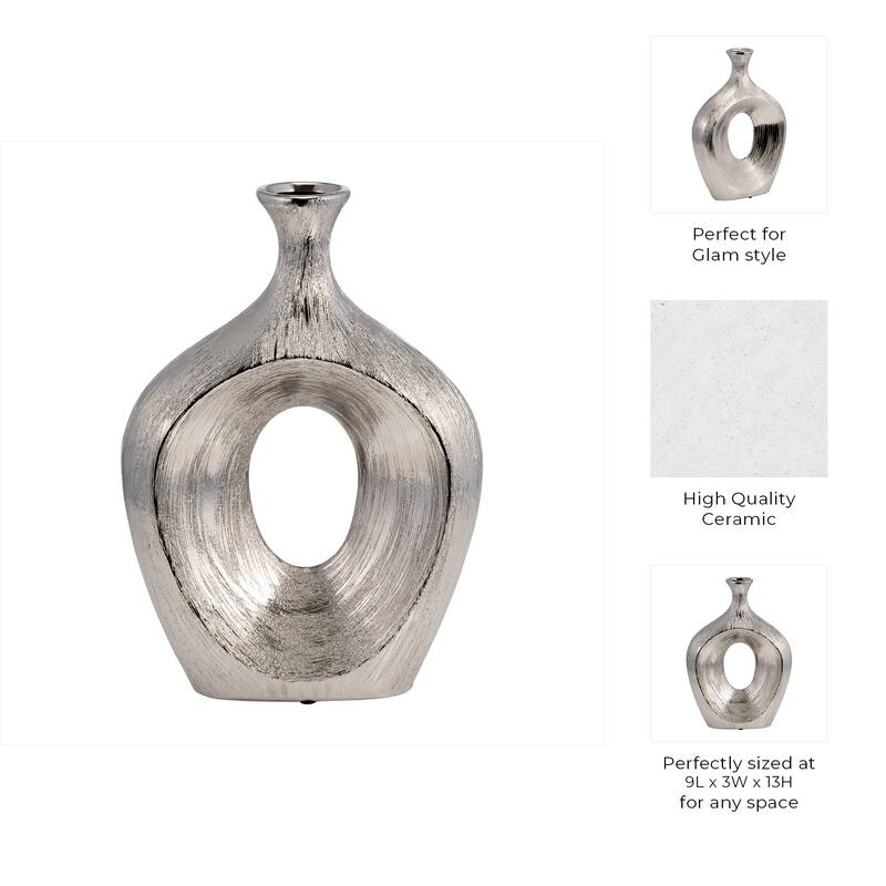 Modern Ceramic Textured Oval Cut-Out Vase - Home Decor - 13"