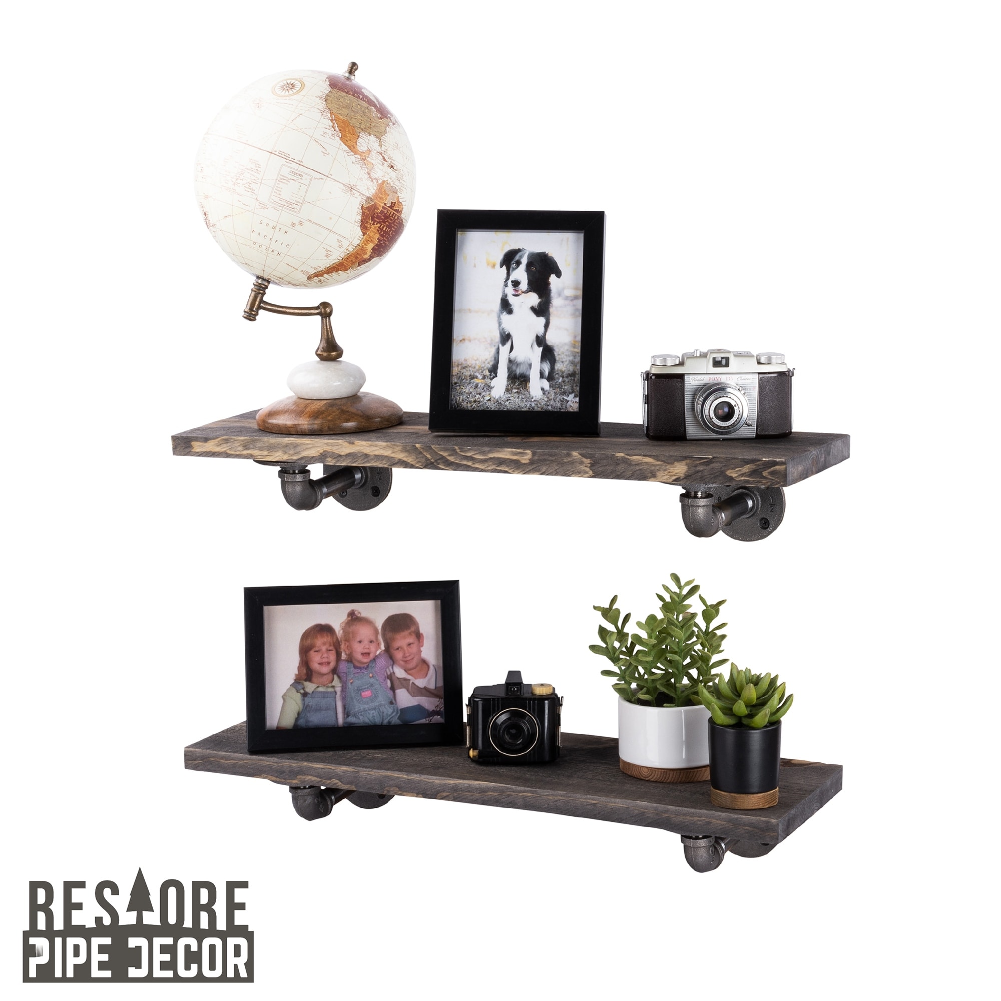 Restore Wood 24 in. Wall Shelf, L-Shape Steel Pipe Brackets, Set of 2
