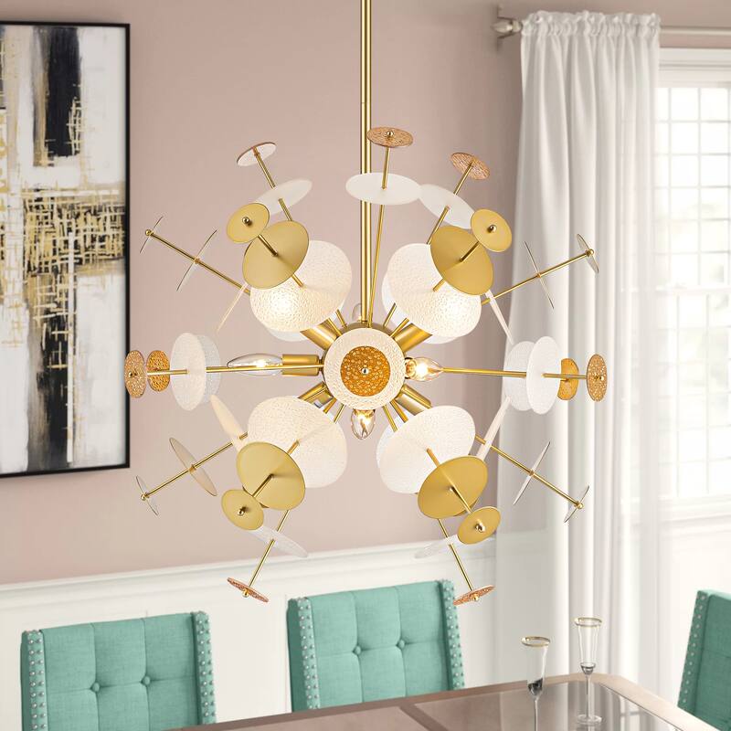 9-Light Modern Gold Linear Sputnik Starburst Textured Glass Chandelier - 27.5 in. W