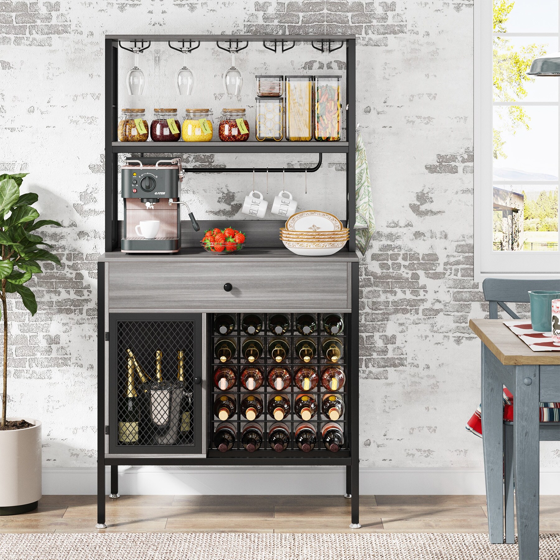 Table with built sales in wine rack