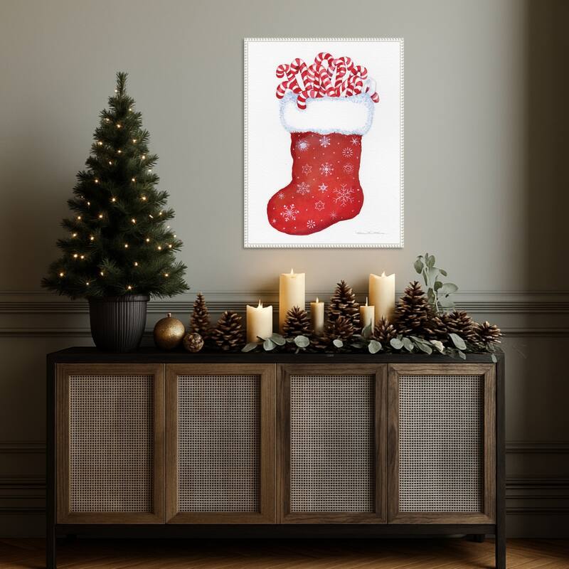 Candy Cane Stocking by Kathleen Parr McKenna (23 x 30 in.), Framed Canvas Wall Art Print - Sylvie Beaded White