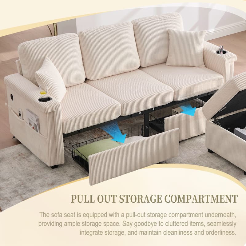 HOMEFUN Corduroy Upholstered L-shaped Pull-Out Storage Sectional Sofa with Storage Ottoman,USB Charging,Cup Holder
