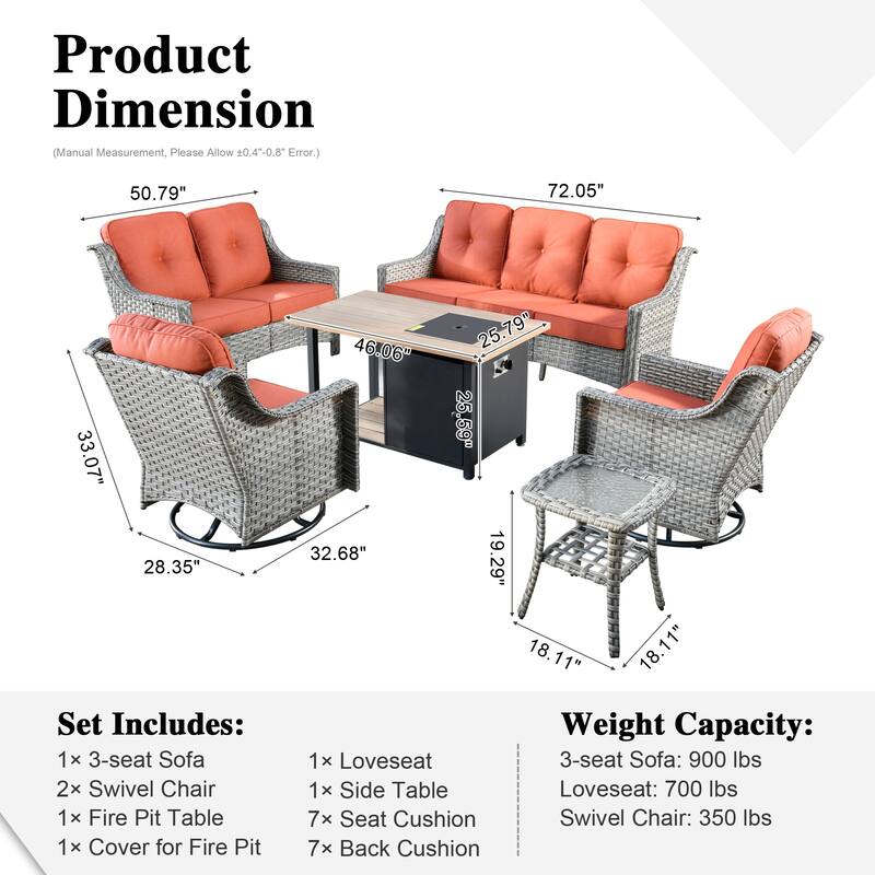 XIZZI 6-piece Outdoor High-back Furniture Swivel Chair Set with Fire Pit
