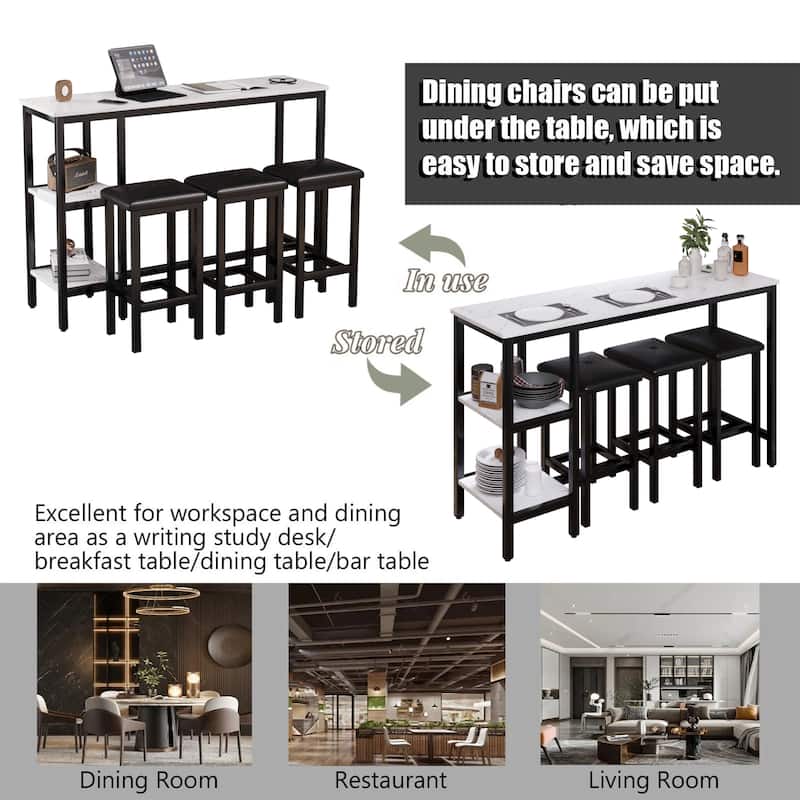 3-People Counter Heihgt Dining Set w/Storage, 4 Piece Kitchen Bar Table Set w/3 Upholstered Stools