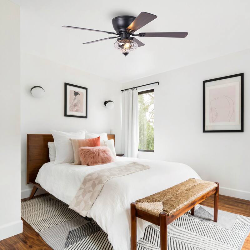 52" Classic Matte Black Flush Mount Ceiling Fan with Light and Remote - 52 in. D x 52 in. W x 14 in. H