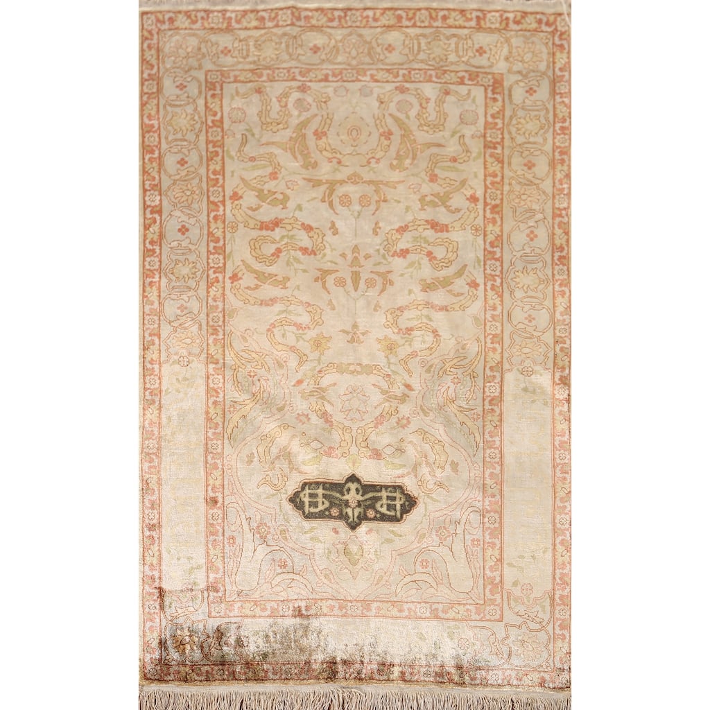 Pre-1900 Antique Hereke Vegetable Dye Turkish Rug Handmade Silk Carpet - 2'3" x 3'11"