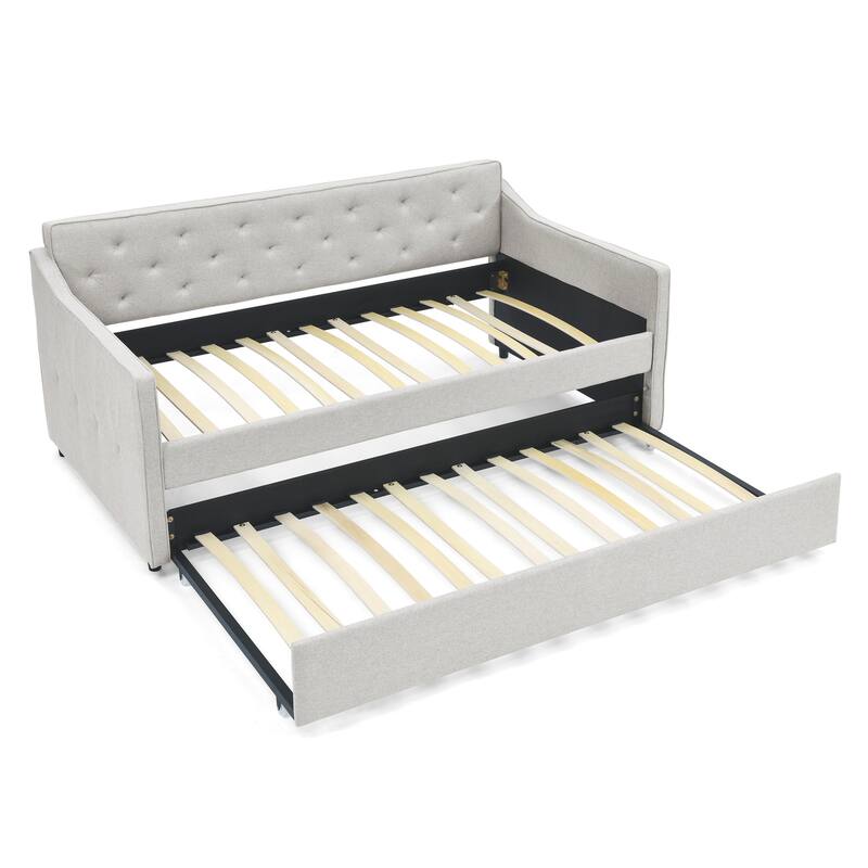 Twin Size Daybed with Twin Size Trundle Upholstered Tufted Sofa Bed, Waved Shape Arms, Grey (80.5"x44.5"x33.5")