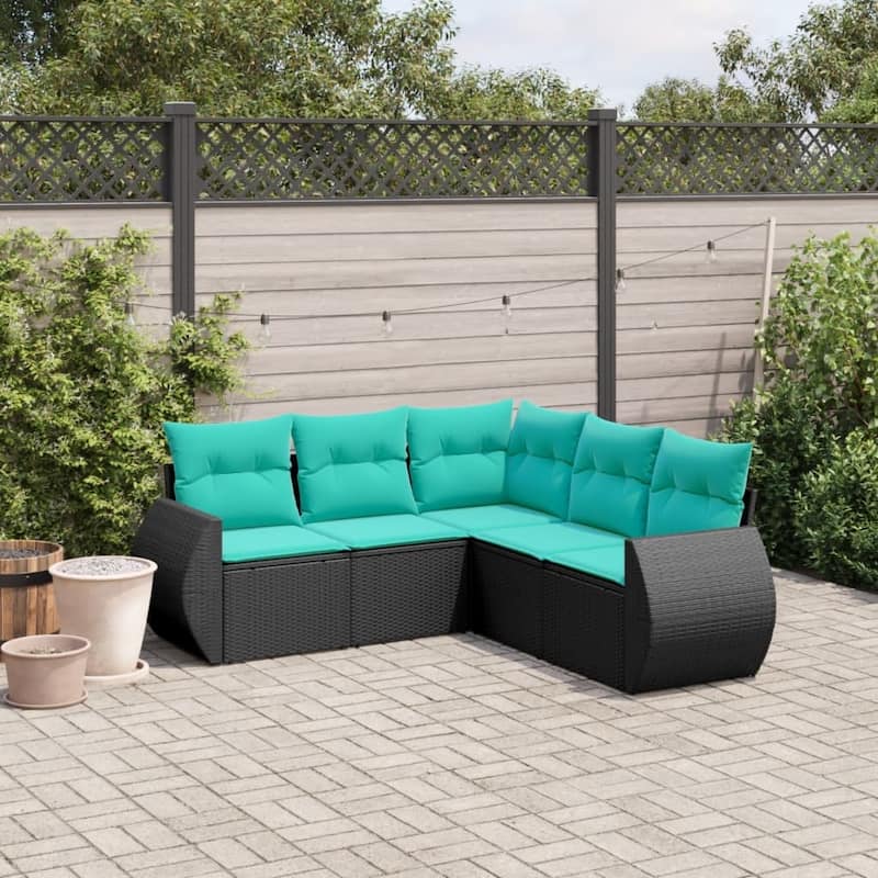 vidaXL 5 Piece Patio Sofa Set with Cushions Black Poly Rattan - 28 x 24.4 x 27.2-Without table
