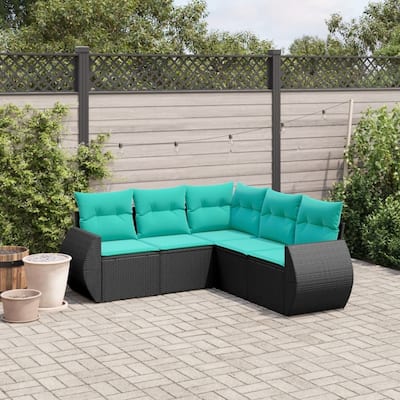 vidaXL 5 Piece Patio Sofa Set with Cushions Black Poly Rattan