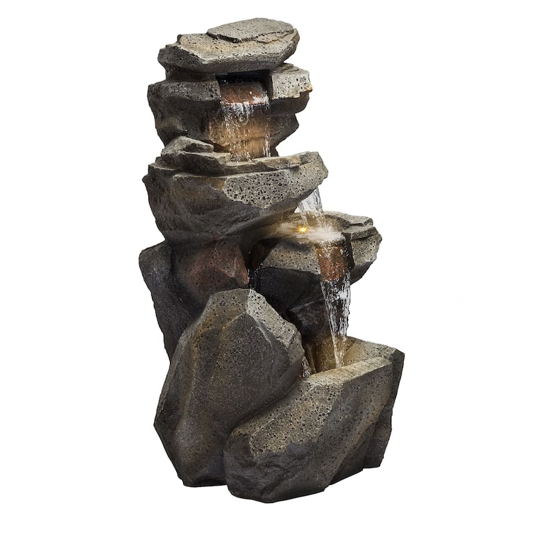 Alpine Corporation 40" Light Gray Outdoor 4 Tier Rock Water Fountain with LED Lights