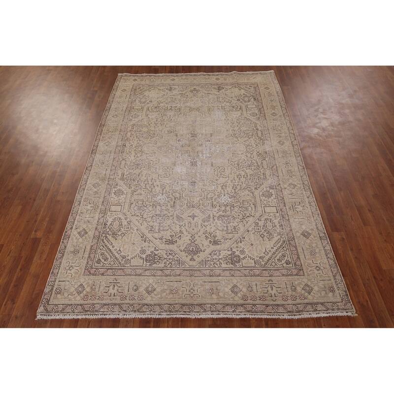 Distressed Tabriz Vintage Persian Area Rug Hand-Knotted Wool Carpet - 6'4" x 9'6"