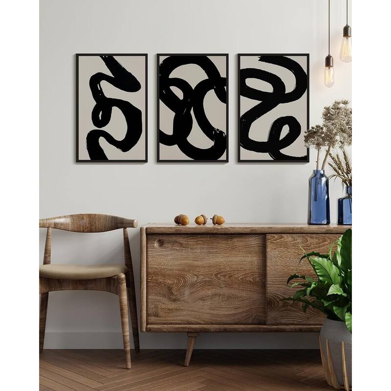 Black Abstract Wall Art Ink Wash Minimalist Lines