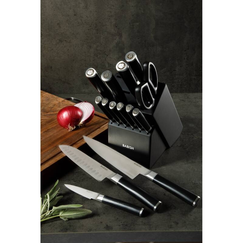 Babish High-Carbon 1.4116 German Steel 15 Piece Full Tang Forged Cutlery Block Set - Black
