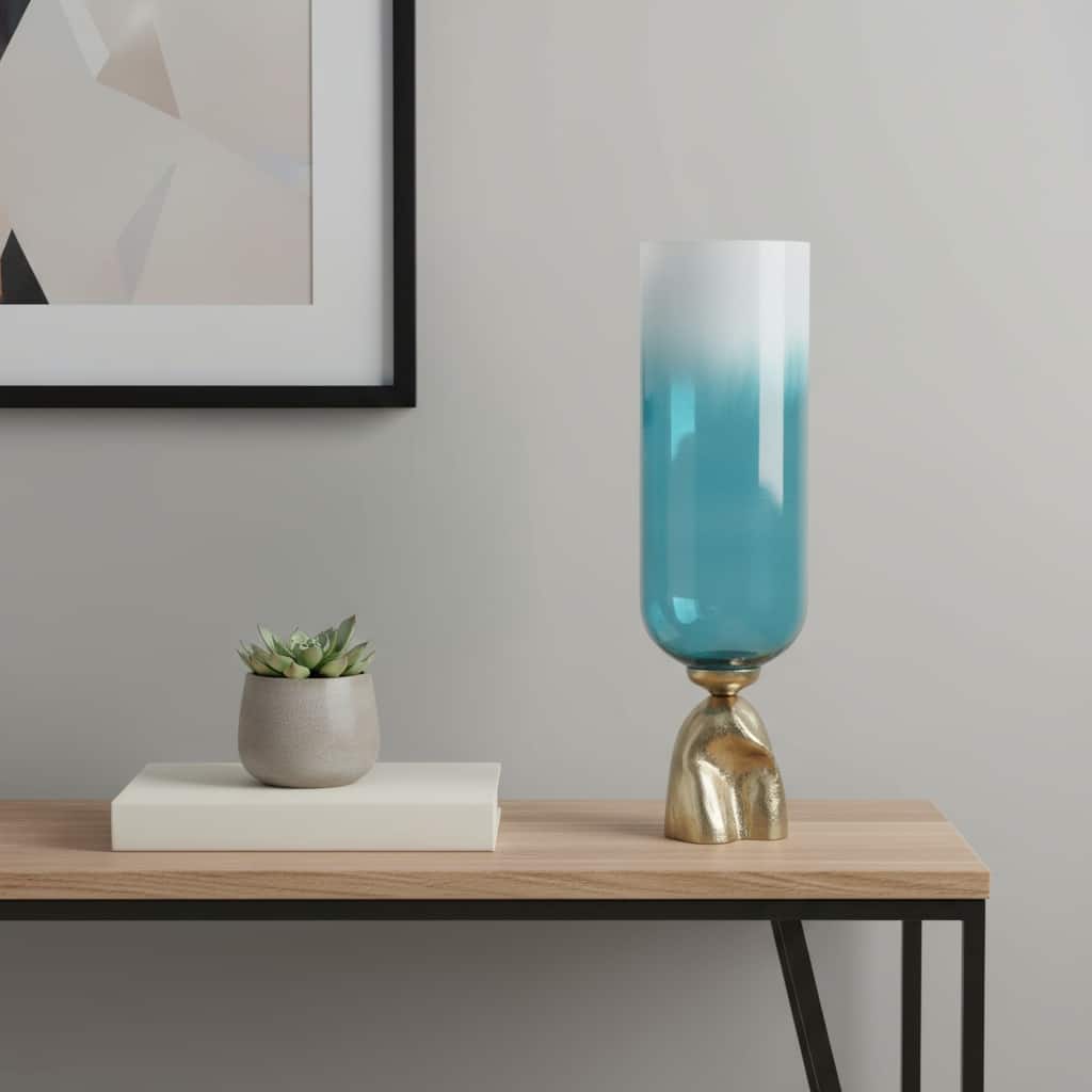 21" Blue White And Gold Ombre Glass And Aluminum Pedestal Table Vase - 8.00