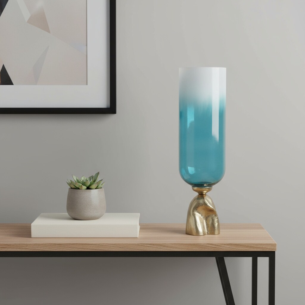 21" Blue White And Gold Ombre Glass And Aluminum Pedestal Table Vase - 8.00