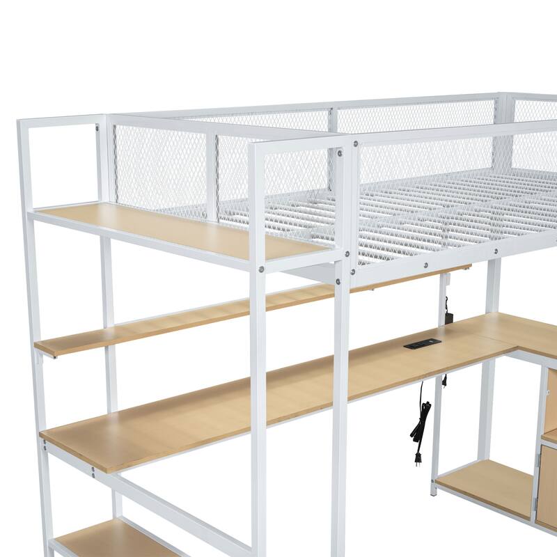 Twin Metal Loft Bed with Study Desk, Remote-Control LED Shelf Lighting, Charging Station & Ample Storage,Cabinets and Shelves