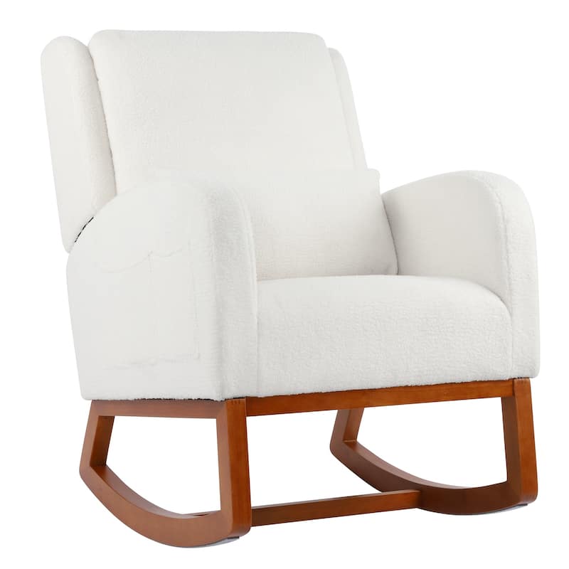 Nursery Rocking Chair High Back Armchair with Side Pocket Rubber Wood Legs and Pillow Flannel Chair for Living Room/Bedroom