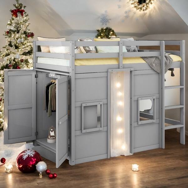 slide 2 of 38, Wood Twin Size Loft Bed with Storage Wardrobe and 2 Windows, Gray Grey