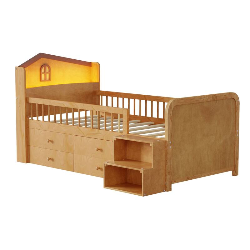 Wooden Twin Loft Bed with LED Lights, House Shape Headboard & Storage Drawers for Kids