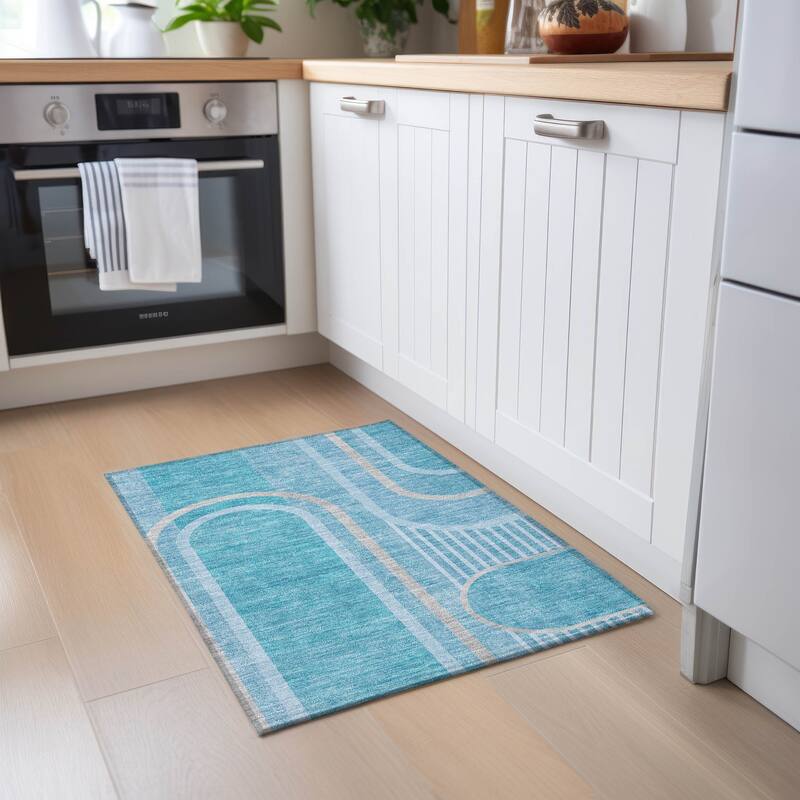 Machine Washable Indoor/ Outdoor Chantille Mid Century Modern Rug - Teal - 1'8" x 2'6"