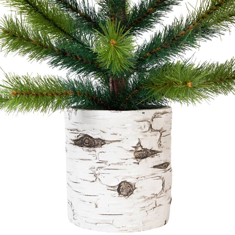 Slim Pine Artificial Christmas Tree in Birch Wood Pot - 36" - Unlit - 3 Foot