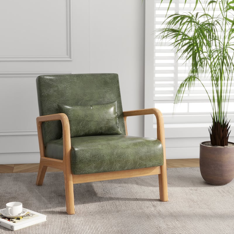 Mid Century Solid Wood Upholstered Accent Chair - HUNTER GREEN/PU/NATURAL WOOD LOW SIDE FRAME