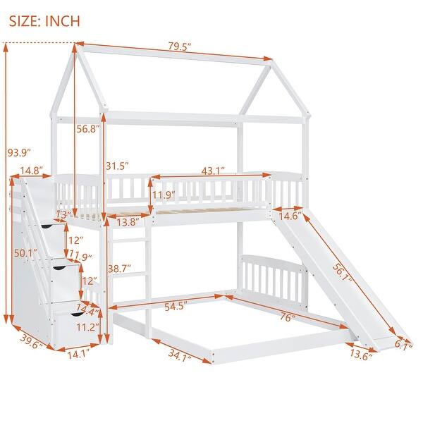 dimension image slide 0 of 2, House Bunk Bed with Slide and Stair, Wooden Twin Over Twin Bunk Platform Bed with 2 Storage Drawers and Roof for Kids