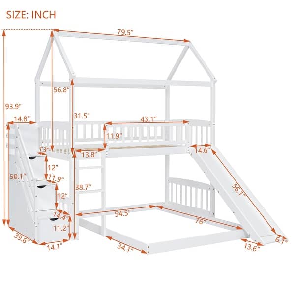 Whimsical Playhouse Design Twin Over Twin Bunk Bed with Build-In Ladder and Slide,Storage Drawers Besides