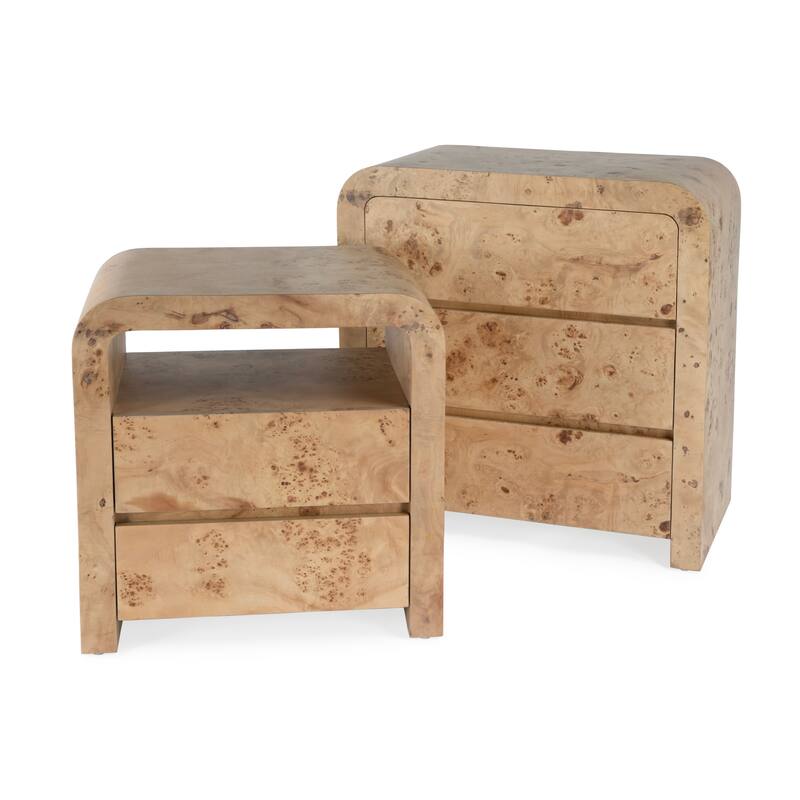 Cora 3 Drawer Burl Wood Curved Dresser