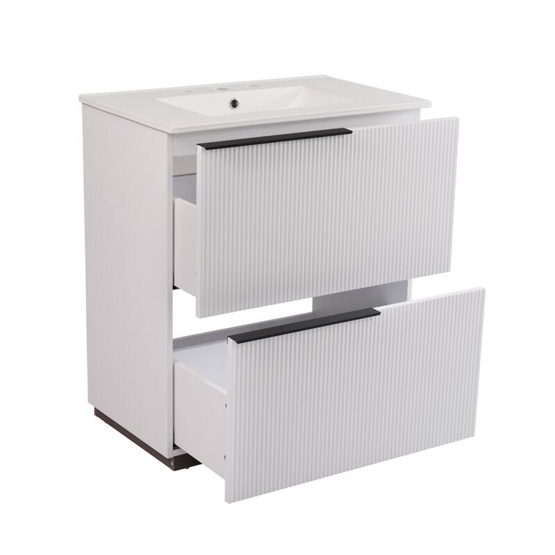 30" Bathroom Vanity with Ceramic Sink and Full-Extension Drawers, Soft Close Undermount Drawer Slides, Fluted Design, Natural