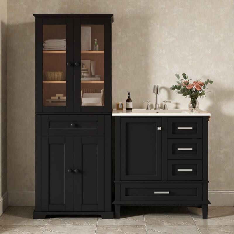 67.57" Tall Bathroom Storage Cabinet and 30" Bathroom Vanity with Sink Combo, Modern Freestanding Cabinet Set with Glass Doors - Black