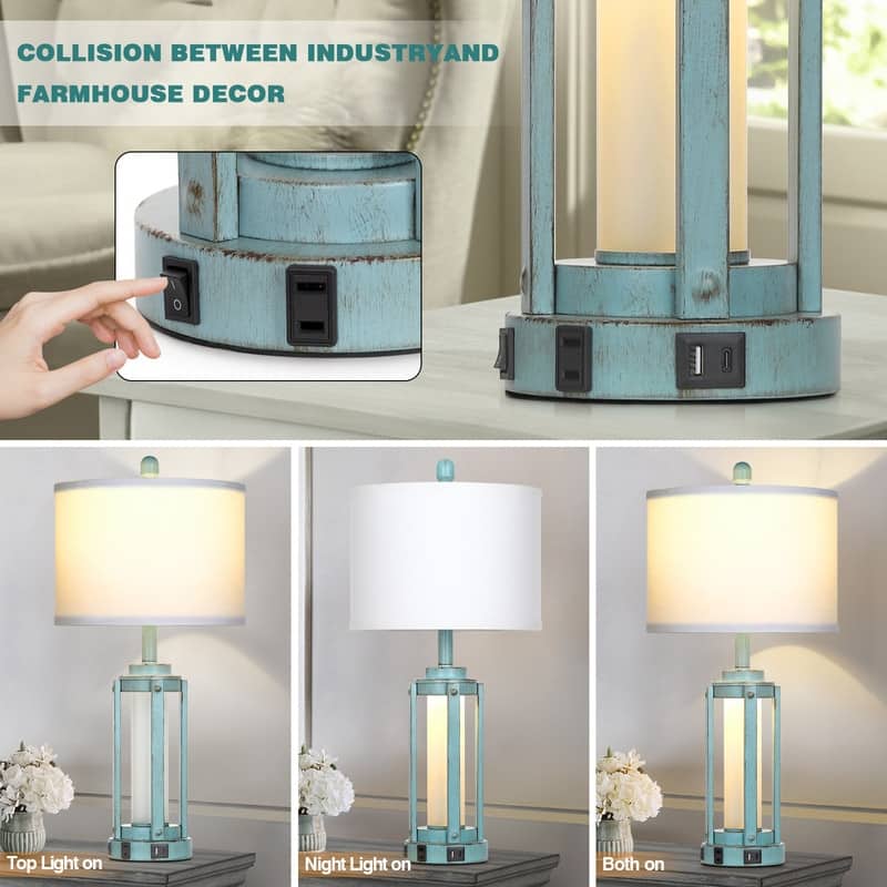 Set of 2 Farmhouse Blue Table Lamps, 26-Inch, with USB & Type-C Charging Ports, AC Outlet, and Nightlight - 12'' X 12'' X 26''