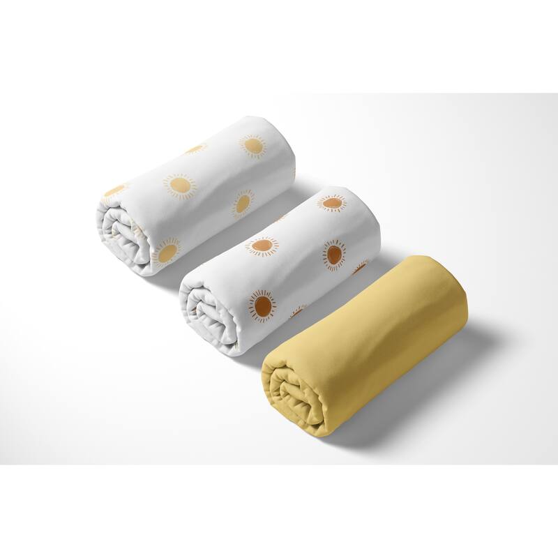 Sweet Jojo Designs White/Yellow Boho Sun Boy, Girl, Unisex/Gender Neutral 3 Pack Fitted Crib Sheets - Solid Mustard & Bohemian