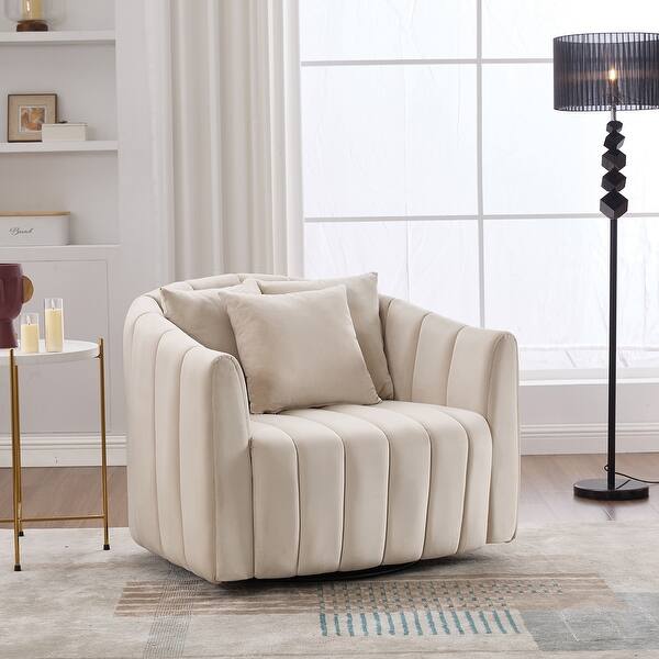 slide 2 of 33, 40.35"W Upholstered Oversized Accent Barrel Chair and Half Cozy 360°Swivel Sofa with 3 Pillows, Pumpkin-Shape Club Armchair Beige