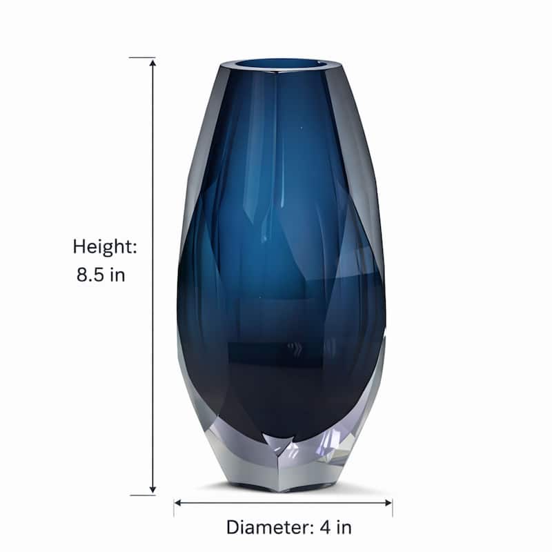 Blue Art Deco Cut Glass Vase with Faceted Base Modern Decor Accent