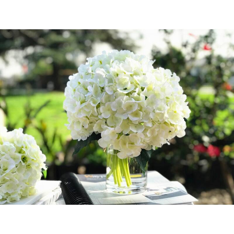 Enova Home Cream Artificial Silk Hydrangea Flowers Arrangement in Clear Cylinder Glass Vase with Faux Water for Home Decór