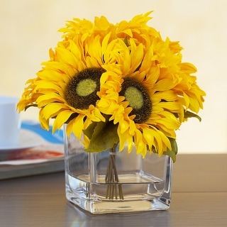 Enova Home 7 Heads Artificial Silk Sunflowers Fake Flowers Arrangement in Cube Glass Vase with Faux Water for Home Office Decor