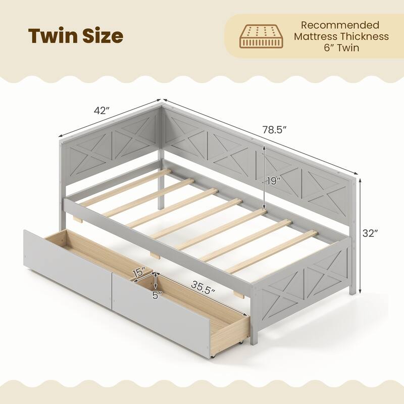 Twin Size Wooden Corner Sofa Daybed Frame with 2 Storage Drawers and Slats for Kids or Guest Bedroom