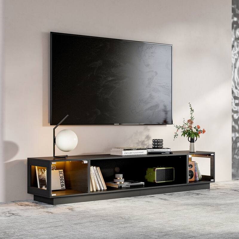 Modern Black Fireplace TV Stand Combo,Remote Fireplace Heater,2 Drawers,Light Strip & USB