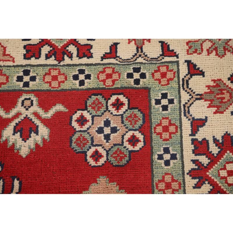 Geometric Kazak Area Rug Handmade Red Wool Carpet - 5'1" x 6'8"