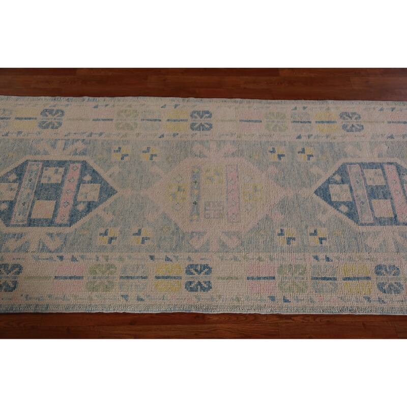 Hand Knotted Oriental 100% Wool Carpet Transitional Geometric Navy Blue & Blues Oushak Runner Rug - 17' 8'' X 3' 3''