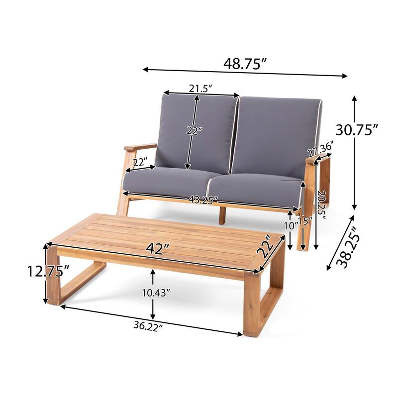 Eddy 2pc Patio Loveseat and Coffee Table Set, Brown Acacia Wood, Gray