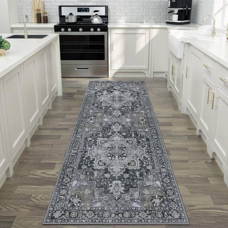 Mcow Grey Floral Low Pile Machine Washable Non-Slip Area Rug
