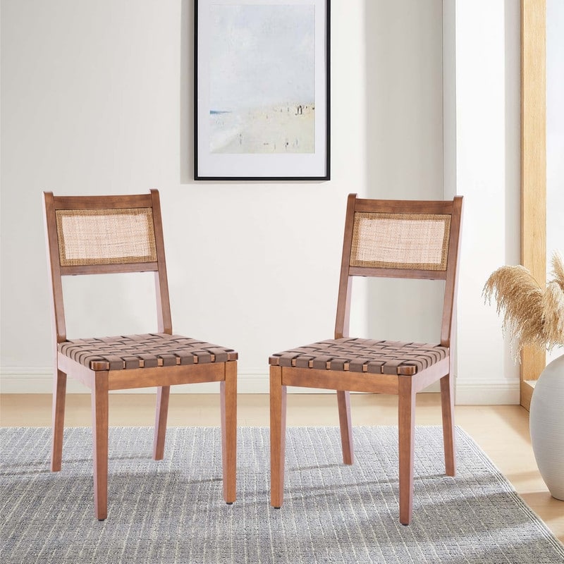 Rattan Leather Woven Dining Chairs Set of 2, 18 Inch Faux Leather Side Chairs - N/A