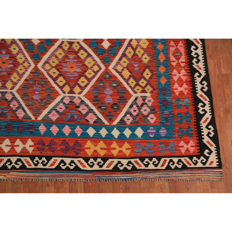Geometric Kilim Oriental Area Rug Hand-Woven Bedroom Wool Carpet - 8'6"x 11'1"